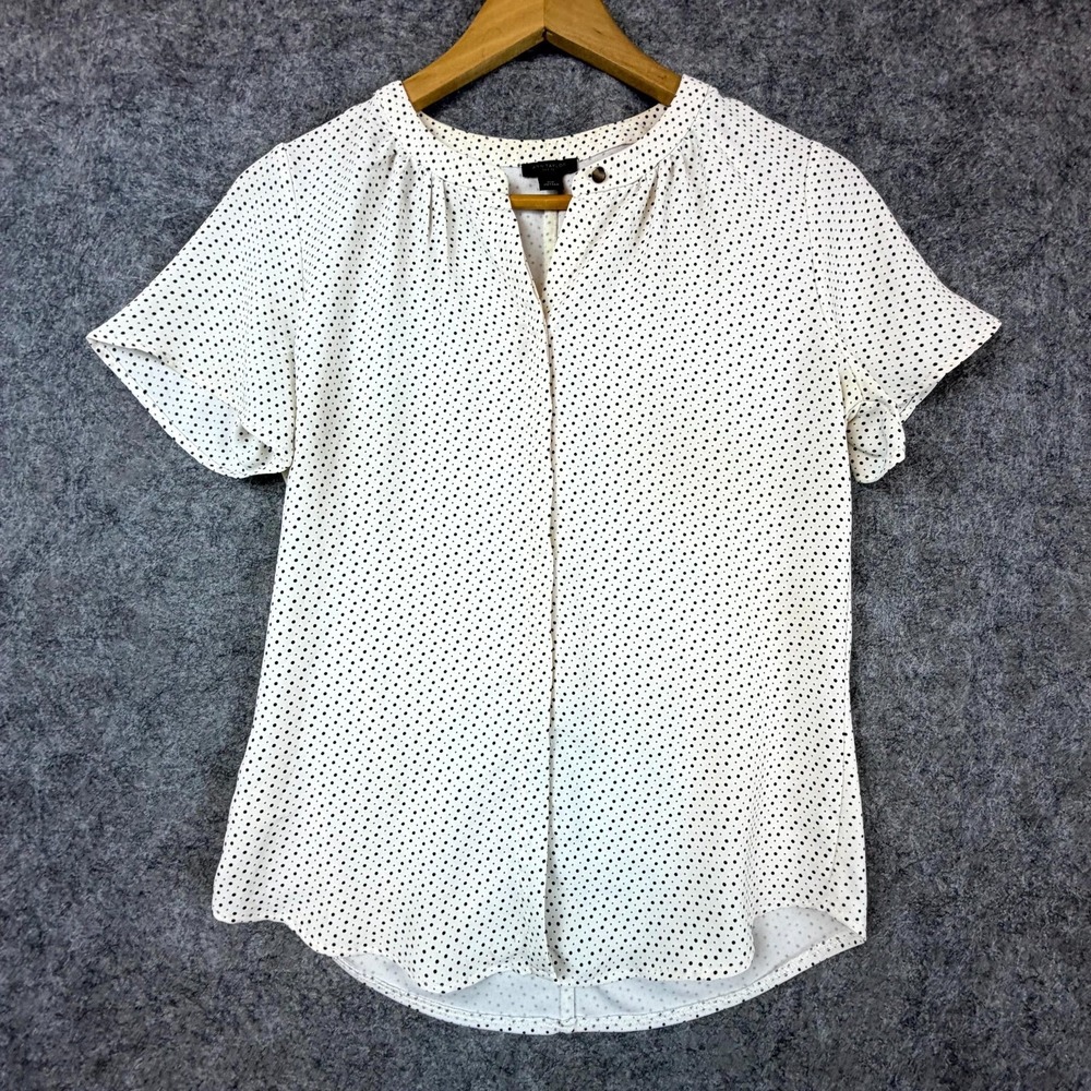 Ann Taylor Blouse Top Women XS Petite White Polka Dot Pleated Neckline Office